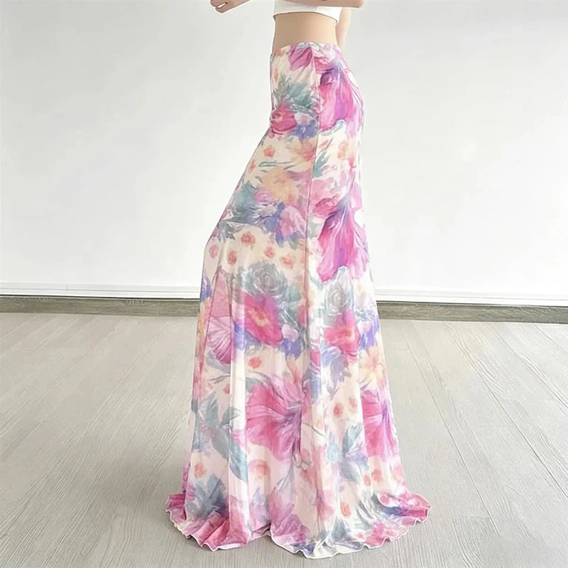 Bohemian Mesh Floral Maxi Skirt For Women Elegant High Waist
