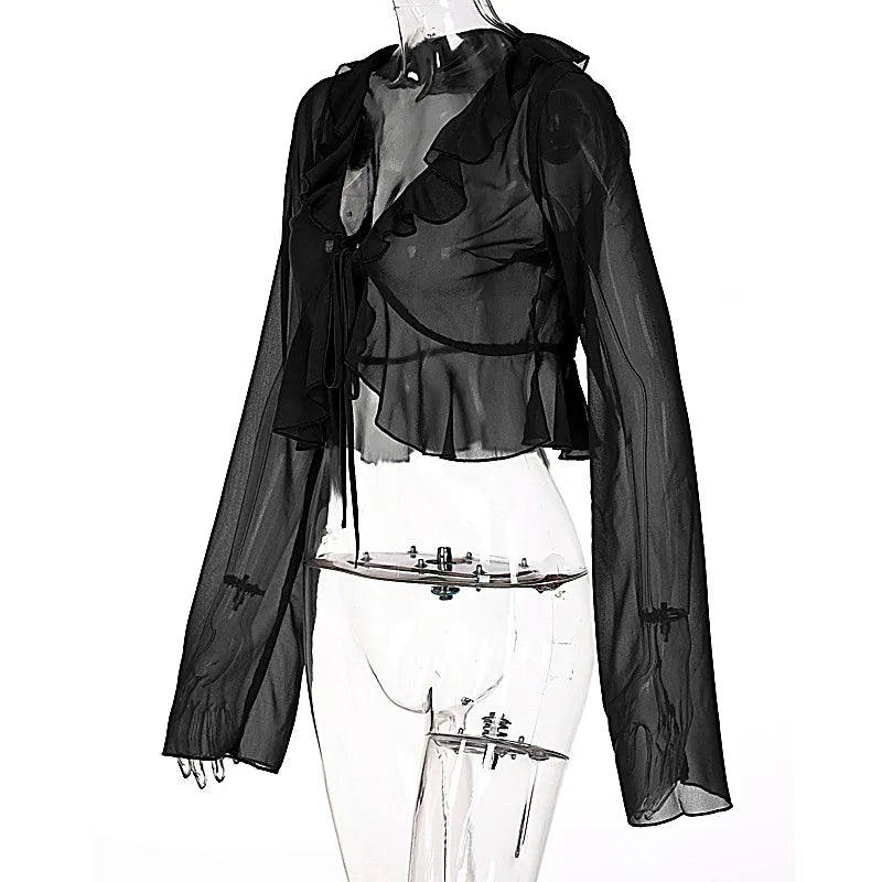 Chiffon Sheer Crop Tank Top With V Neck And Flare Sleeves