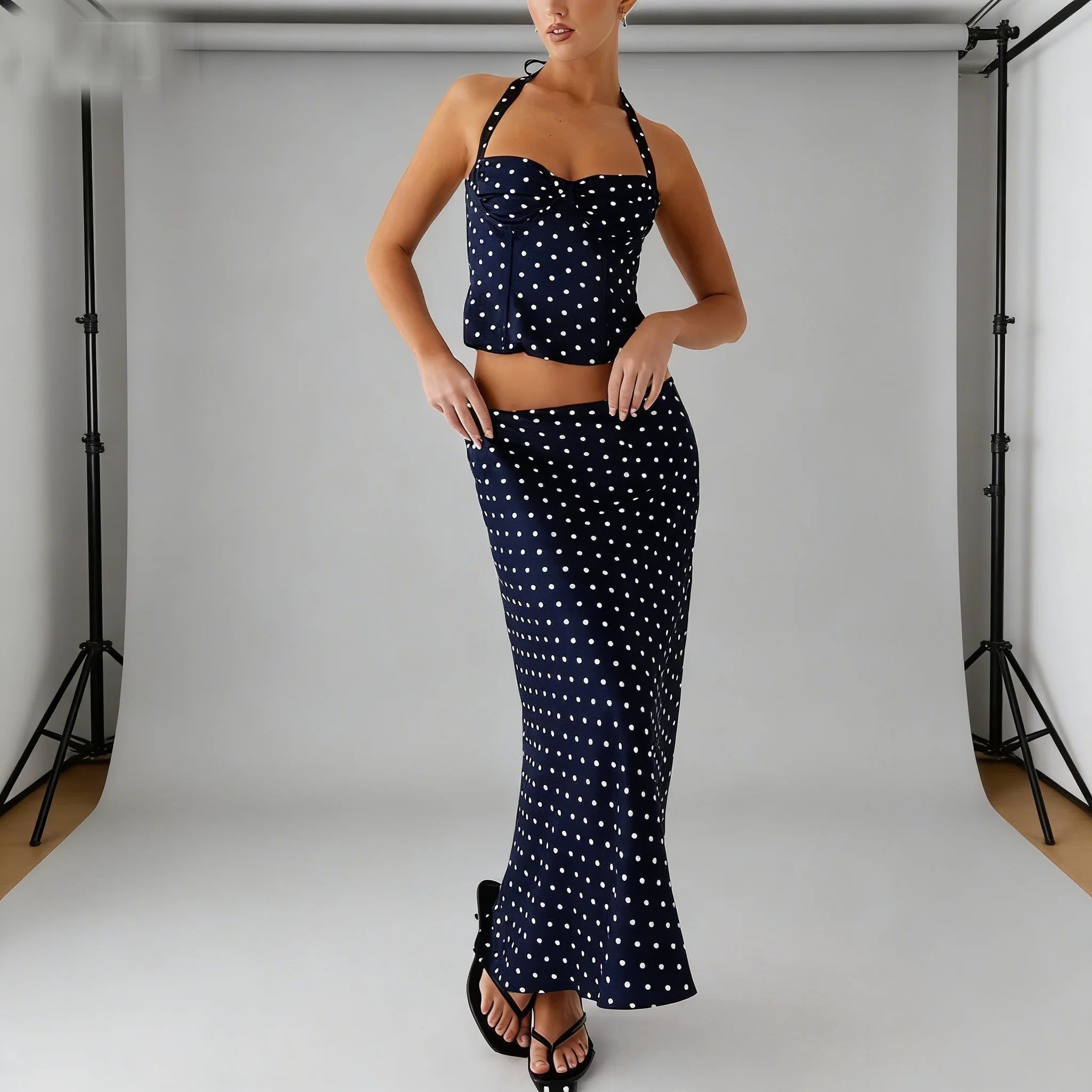 Two-Piece Set Women's Sexy Polka Dot Top Casual Maxi Skirts Sets