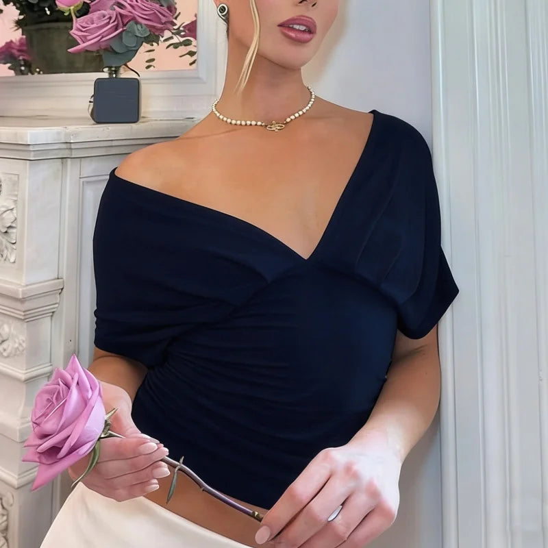 Womens Y2K Ruched Off The Shoulder Wrap Top With Cinched Waist Tie Back Halter