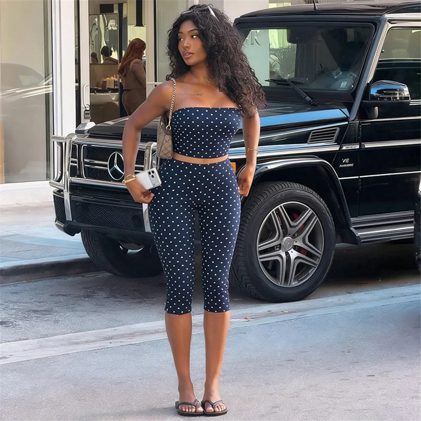 Vintage Polka Dot Two Piece Set Strapless Tube Top And Capri Pants