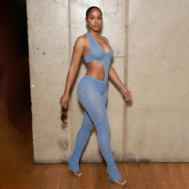 Mesh Backless Halter Jumpsuit With See Through Panels And Figure Hugging Fit
