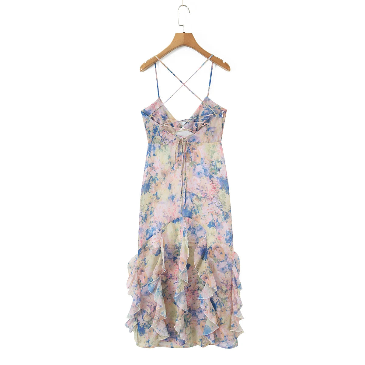 Gradient Floral Ruffles Chiffon Dress With V Neck Backless