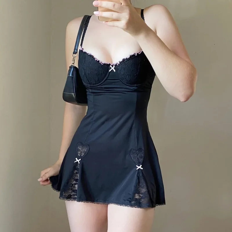 Gothic Kawaii Lace Trim Sleeveless V Neck Mini Dress With Bow Accent