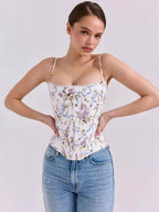 Romantic Floral Corset Top With Lace Trim And Adjustable Straps