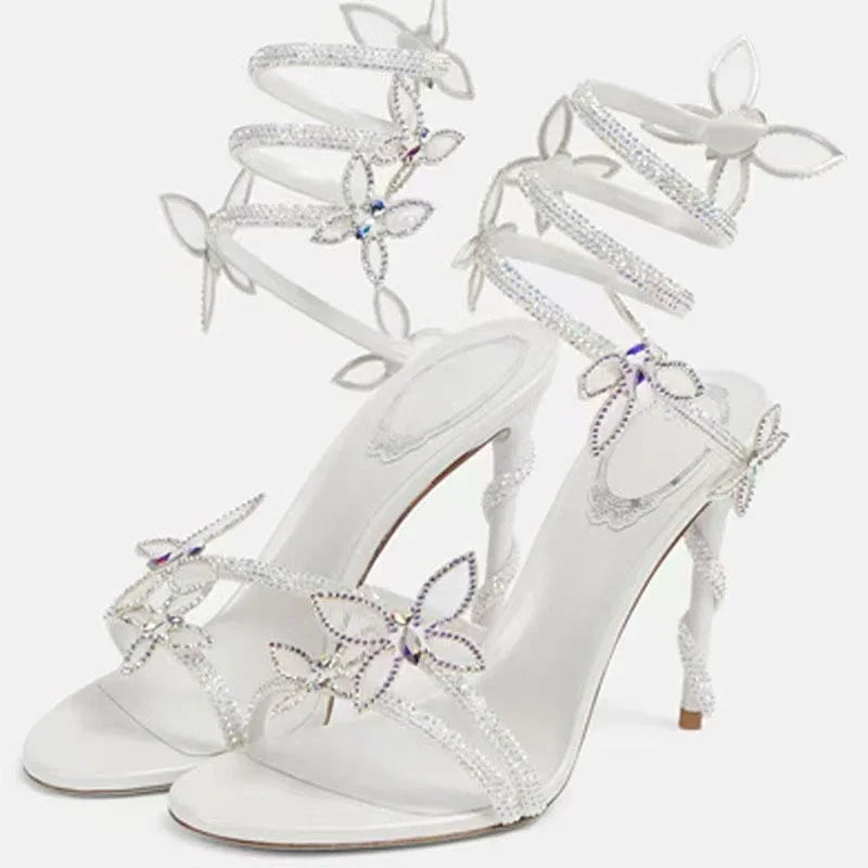 Crystal Flower High Heels With Ankle Strap Strappy Thin Sandals