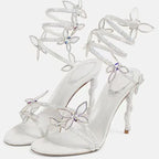 Crystal Flower High Heels With Ankle Strap Strappy Thin Sandals