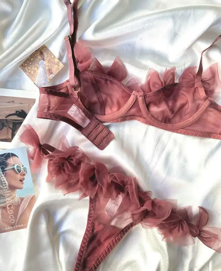 Flowery Sexy Mesh Lingerie Thong Set Hot Flirt Half Cup Ultra-thin Bra