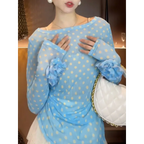 Breezy Ocean Blue Polka Dot Sheer Blouse With Long Sleeves And Boat Neck