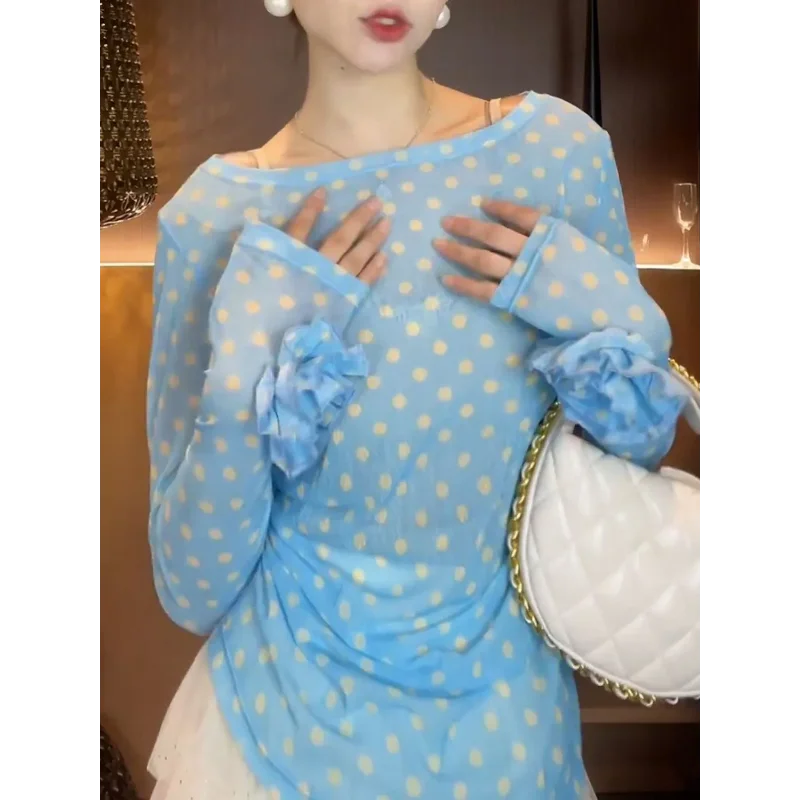 Breezy Ocean Blue Polka Dot Sheer Blouse With Long Sleeves And Boat Neck