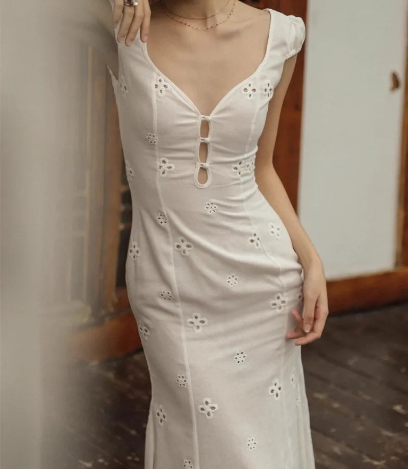 Elegant White V Neck Bodycon Dress With Hollow Out Detailing