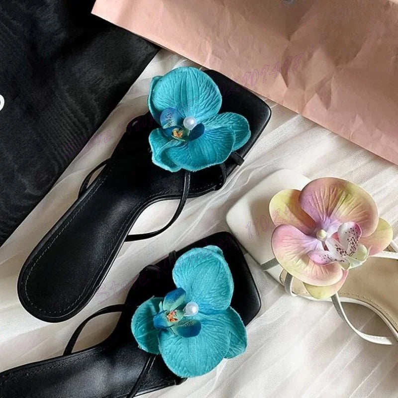 Elegant Floral Leather Slippers With Matte Square-Toe