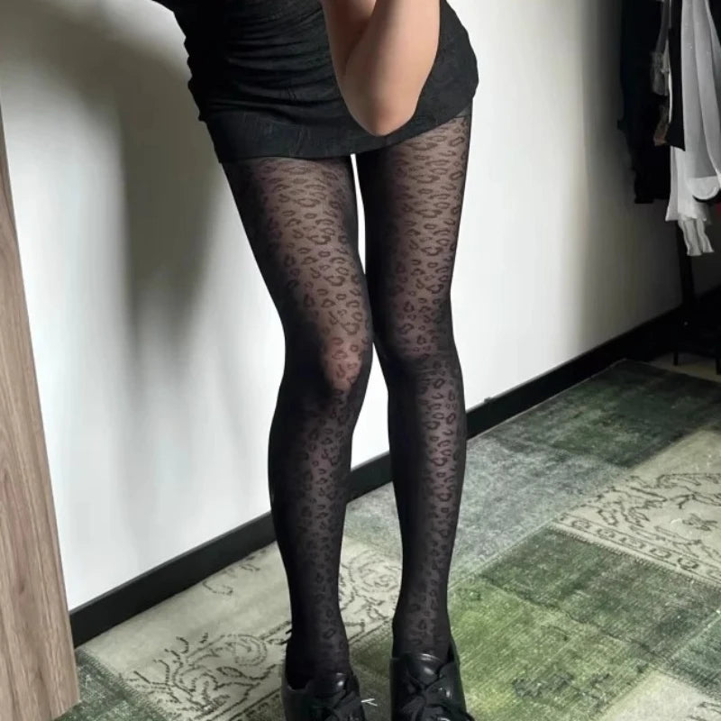 Gothic Leopard Sheer Stockings With Transparent Finish Seamless Pantyhose Edge