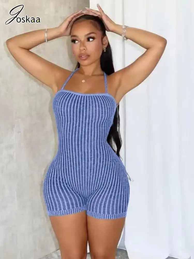 Backless Striped Knit Romper With Bandage Flattering Fit