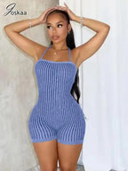 Backless Striped Knit Romper With Bandage Flattering Fit