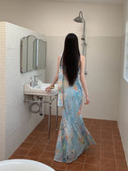 Floral Maxi Dress With Backless Design V Neck Halter Dress