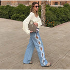 Side Hollow Out High Waist Jeans With Straight Leg Denim