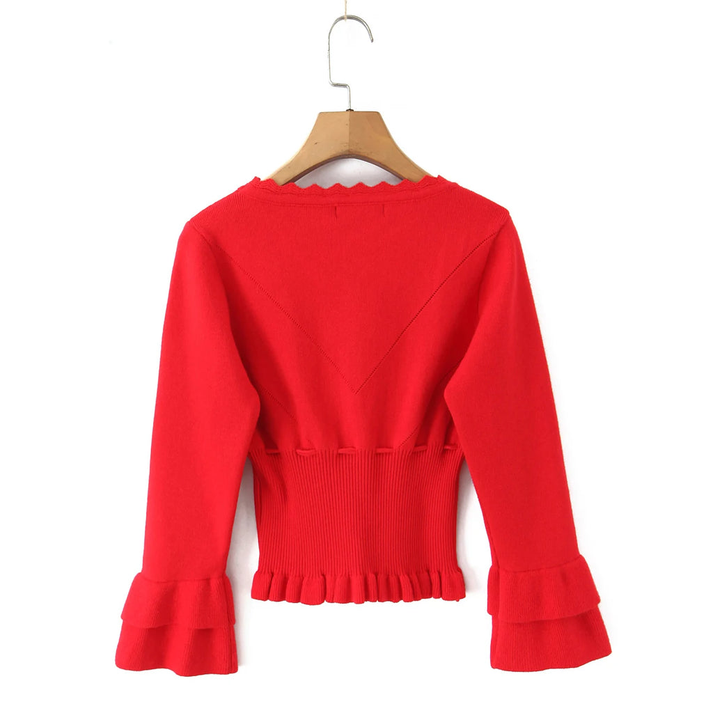 Hollow Crochet Knit Cropped Sweater in Beige and Red Long Sleeve Knit Top for Women