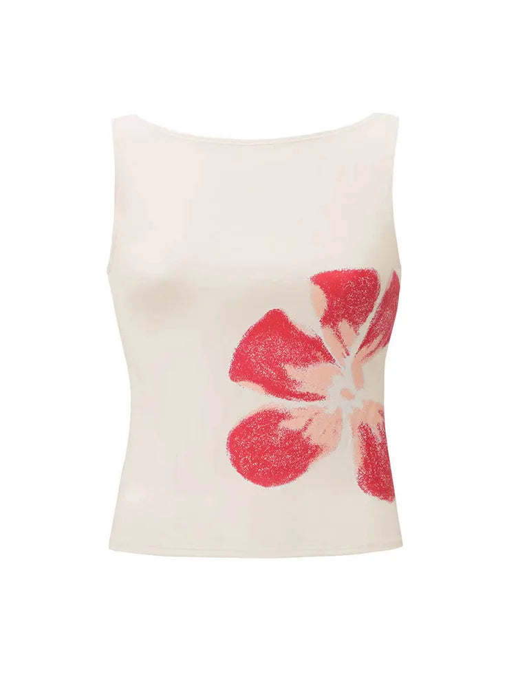 Floral Print Crop Tank Top For Women Fitted Boat Neck Sleeveless