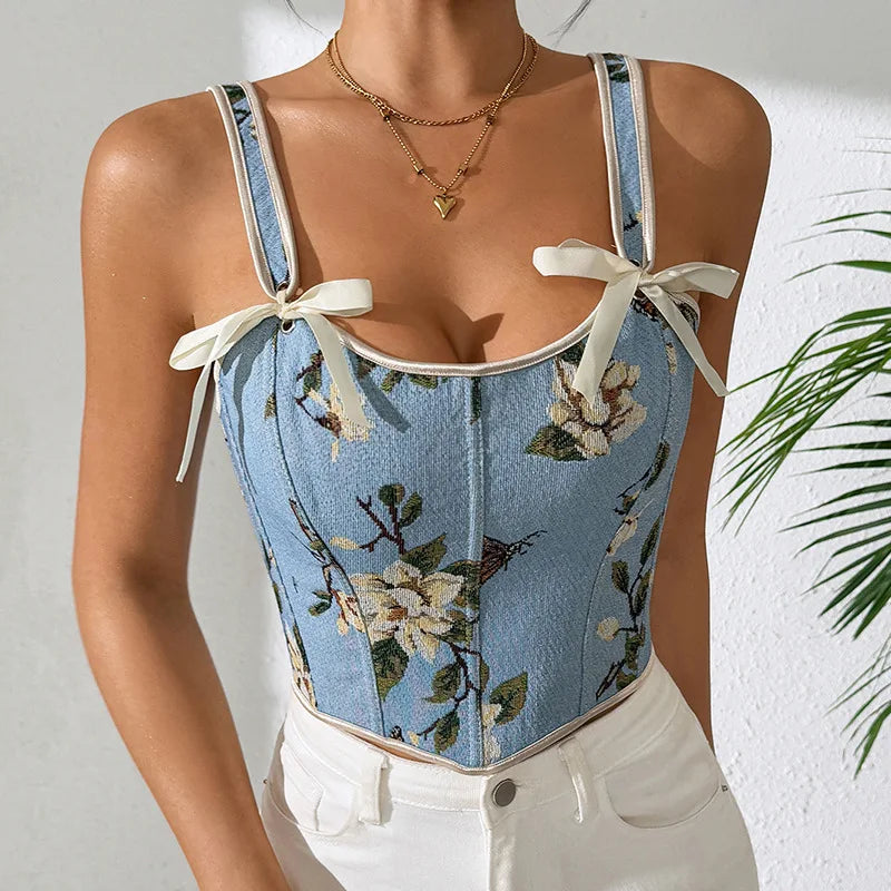 French Floral Print Corset Top With Double Straps Vintage Bustier Shaper