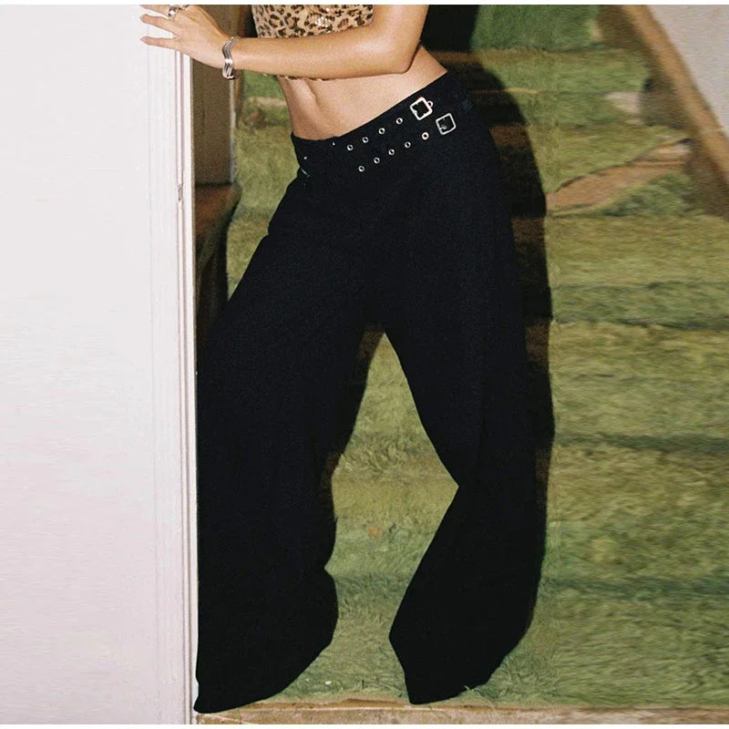 Street Style Mid Rise Wide Leg Denim Pants With Deep Pockets