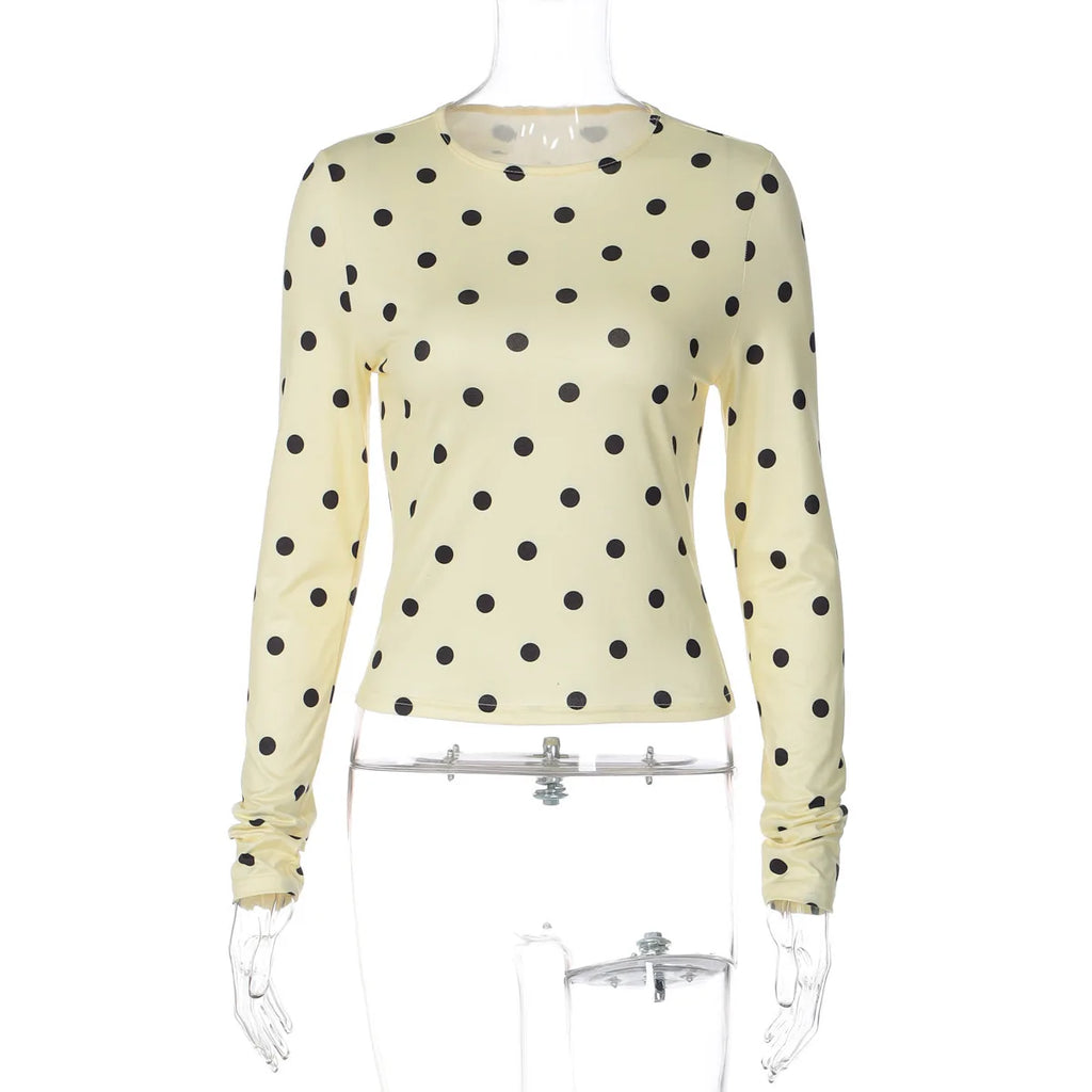 Yellow Dot Print O Neck Long Sleeve Tee Slim Fit Retro Streetwear