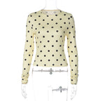 Yellow Dot Print O Neck Long Sleeve Tee Slim Fit Retro Streetwear