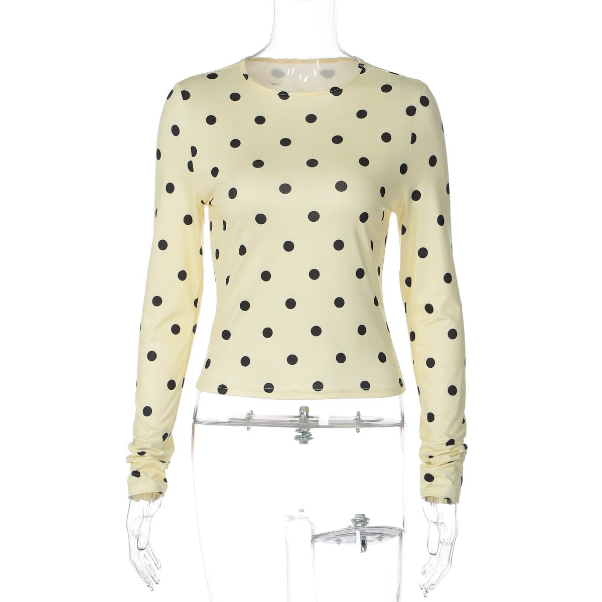 Yellow Dot Print O Neck Long Sleeve Tee Slim Fit Retro Streetwear