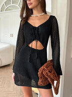 Knit Cutout Swim Cover Dress With V Neck And Lace Up Details Bell Sleeve