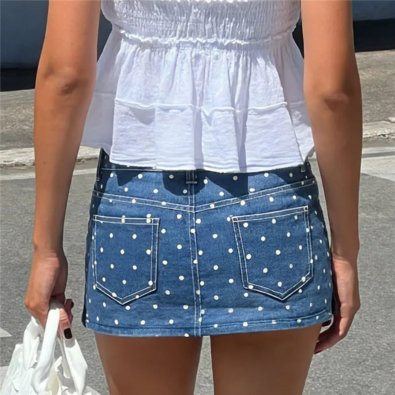 Polka Dot Denim Mini Skirt A-Line Streetwear Chic Silhouette