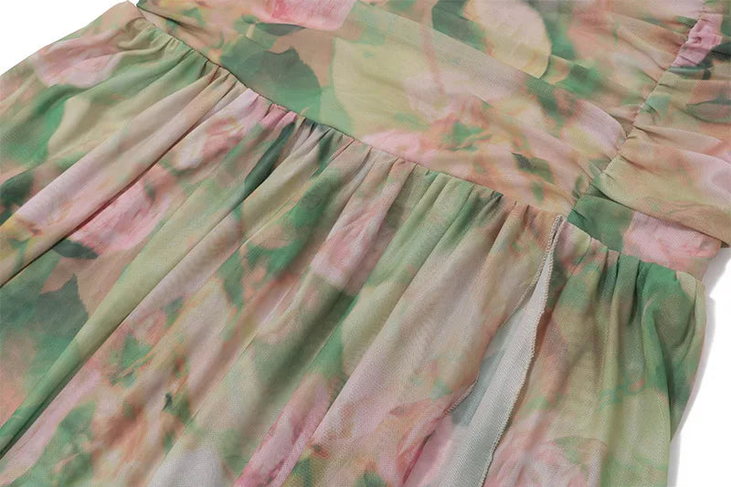 Elegant Floral Spaghetti Strap Maxi Dress With Backless High Split Ruched Silhouette