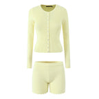 Vintage Two-piece Knit Cardigan And Elastic Waist Shorts Set