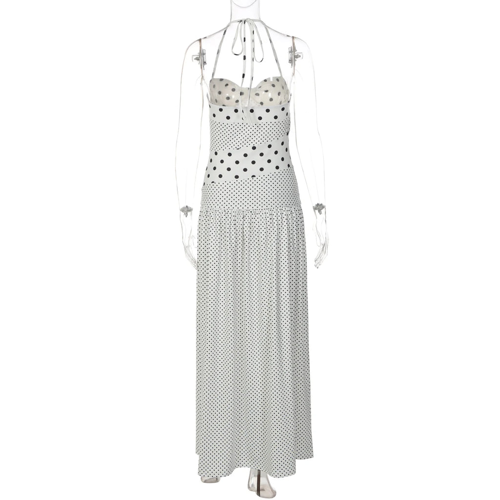 Backless Lace Up Polka Dot Maxi Dress