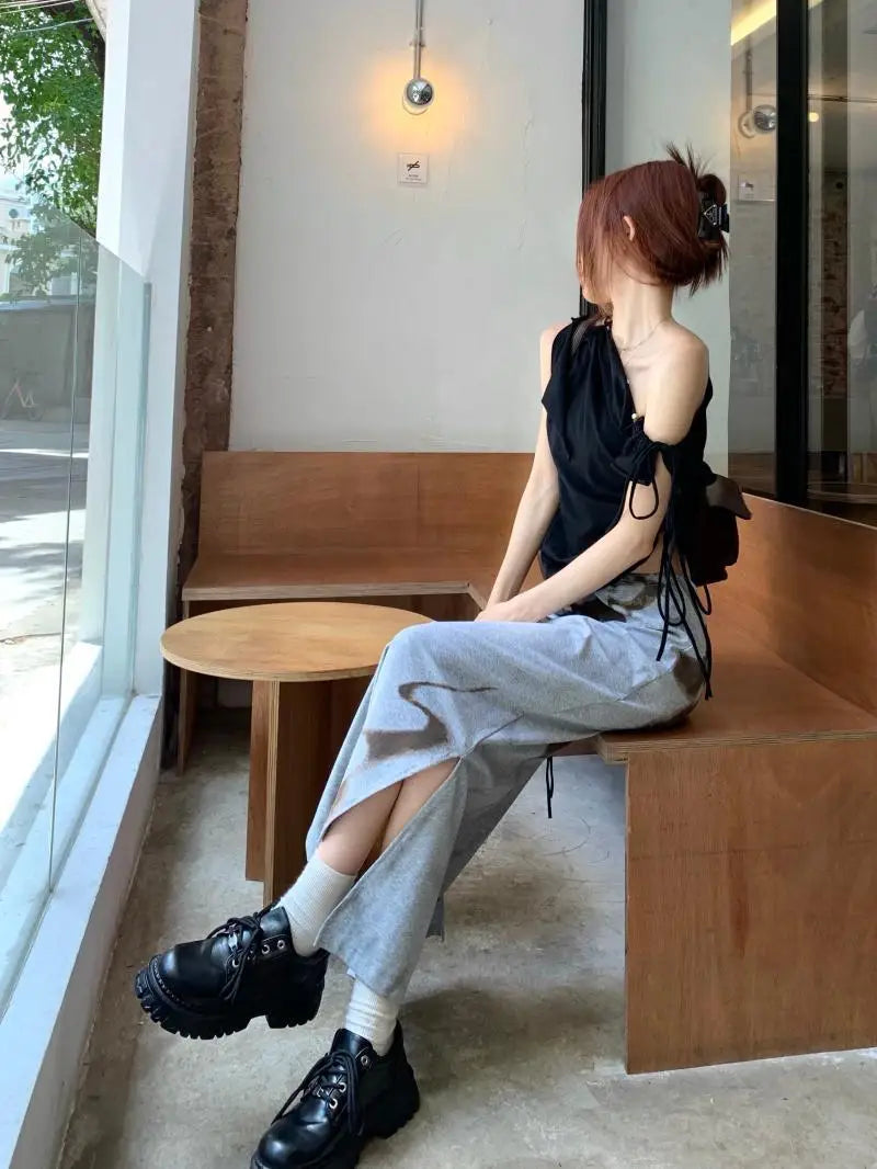 Moody Vintage Streetwear Grunge High Waist Skirt With Lace Up Detailing And Modern Vibe