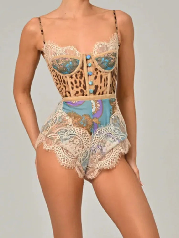 Leopard Patchwork Lace Jumpsuit With Spaghetti Straps