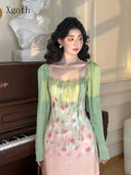 Oil Paint Swirl Dyed Dress Set With Strap Camisole And Long Skirt
