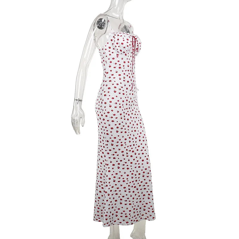 Floral Spaghetti Strap Maxi Dress With Lace Trim And Lace Up Detail