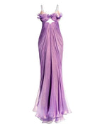 Elegant Pleated Evening Dress With Spaghetti Straps And Lace Up Floral Embellishments