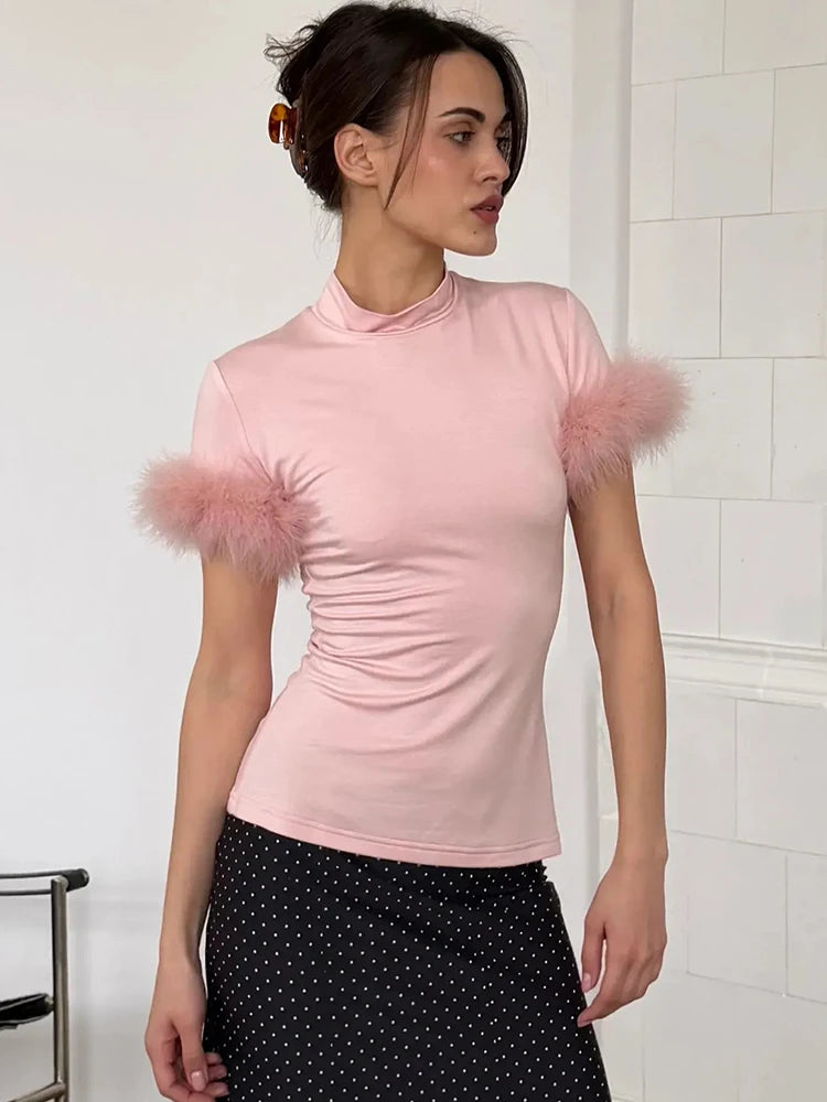 Patchwork Feather Sleeve Turtleneck Top Short Sleeve Tee