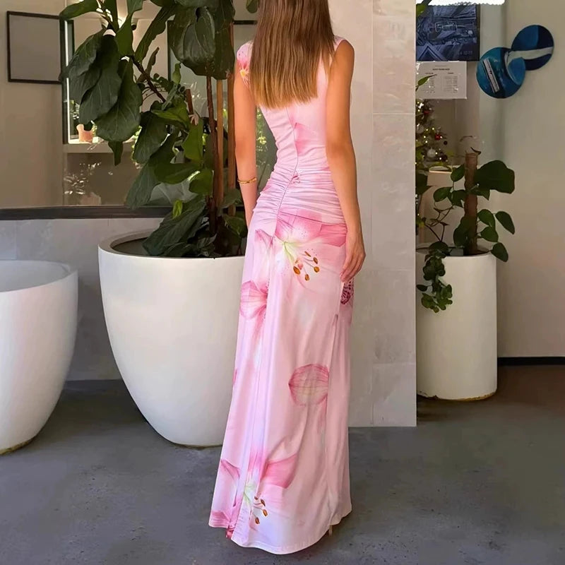 Elegant Floral Printed Pleated Maxi Dress With High Waist And V Neck Sleeveless
