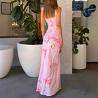 Elegant Floral Printed Pleated Maxi Dress With High Waist And V Neck Sleeveless