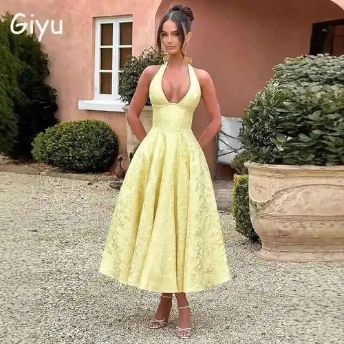 Backless Halter Evening Dress With Lace Jacquard For Elegant Special Occasions
