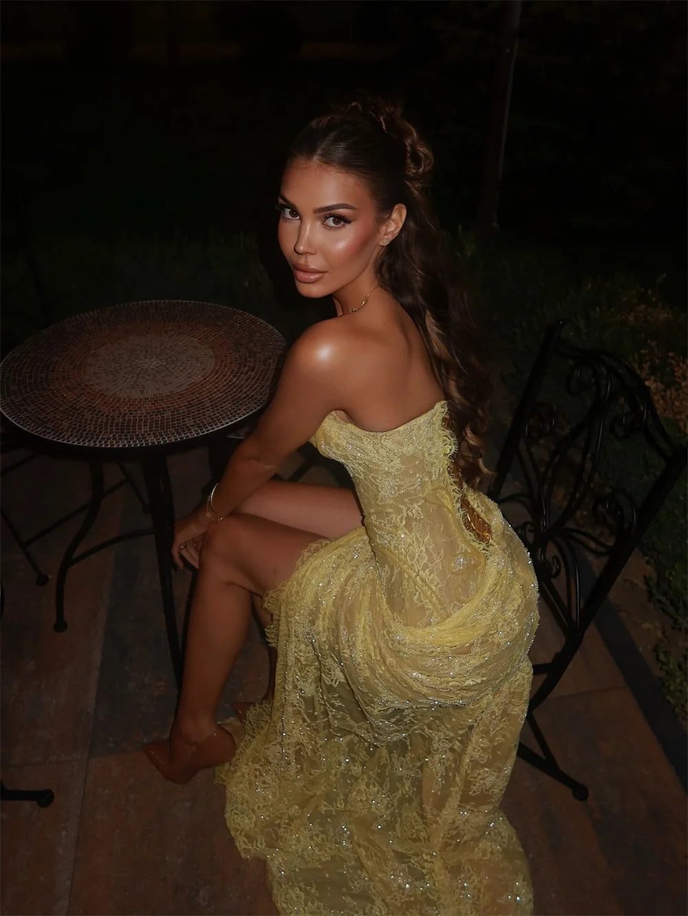 Yellow Mermaid Lace Embroidery Prom Dress With Sequins Sleeveless Side High Split Evening Gown