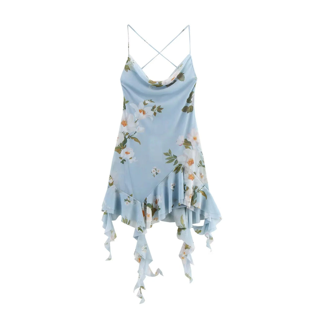 Silk Screen Printed Pleated Collar Dress With Asymmetrical Suspender Detailing Sleeveless And Versatile