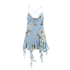 Silk Screen Printed Pleated Collar Dress With Asymmetrical Suspender Detailing Sleeveless And Versatile