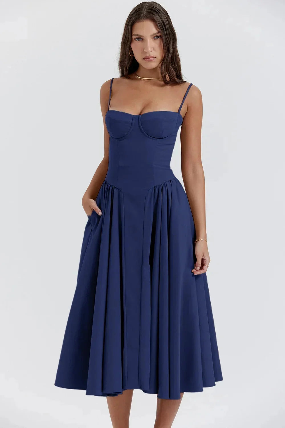 Backless Suspender Midi Dress Sleeveless A Line Style For Evening Wear