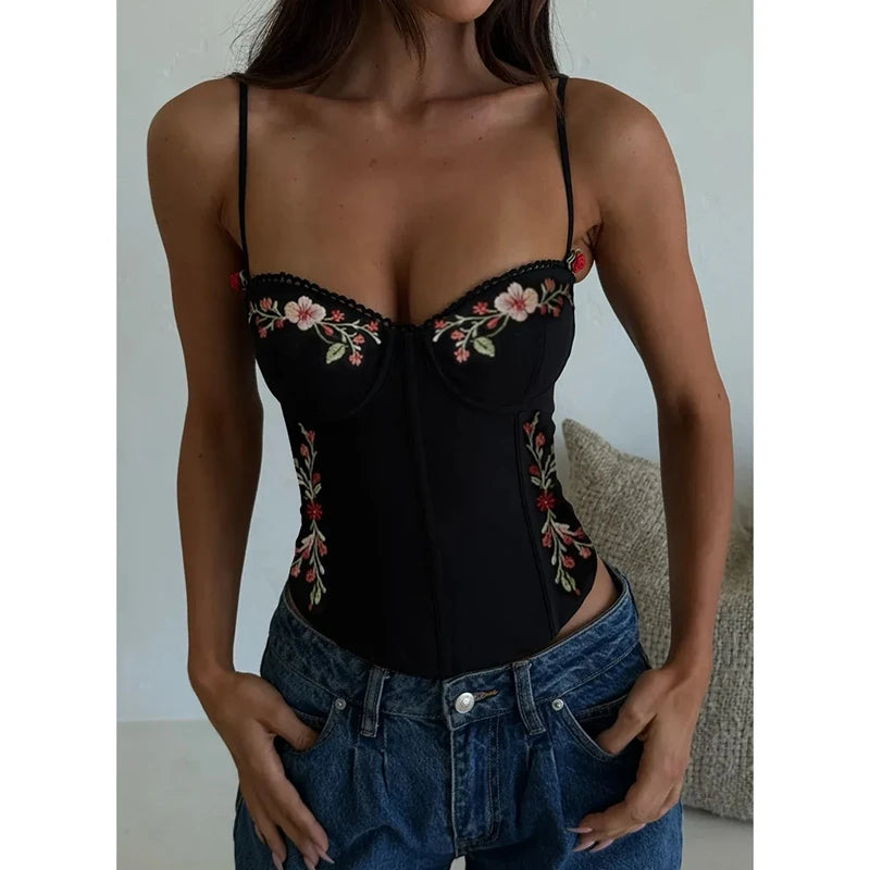 Floral Embroidered Slim Fit Spaghetti Strap Camisole Top