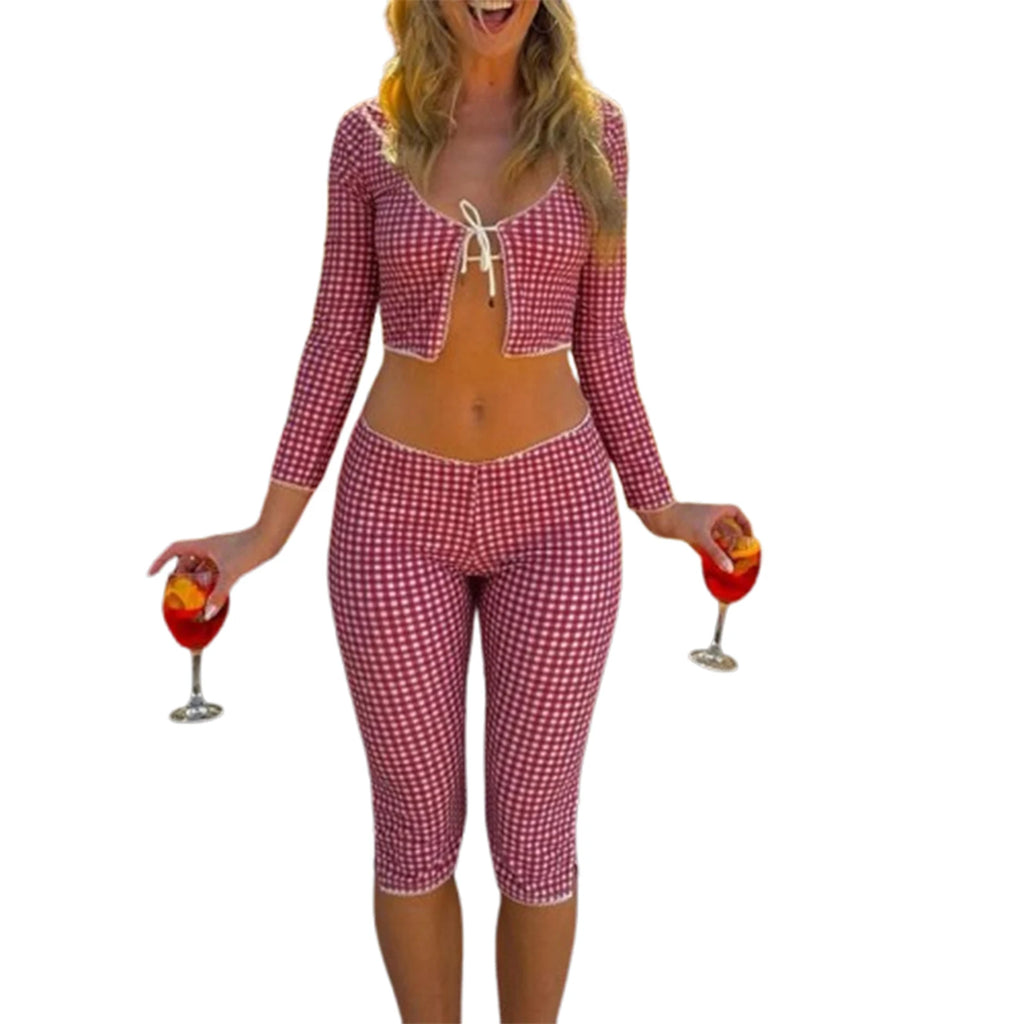 Chic Plaid Two Piece Set With Cropped Tie Front Top And Three Quarter Sleeve Capris