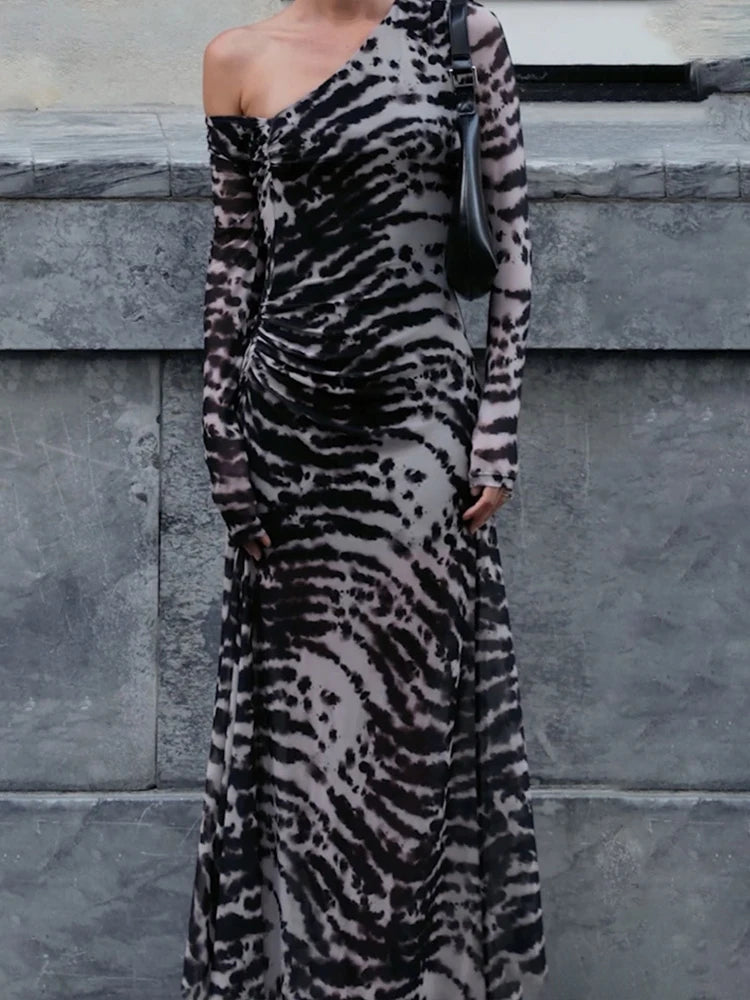 Patchwork Long Dress With Asymmetric Shoulder And Slim Stretch