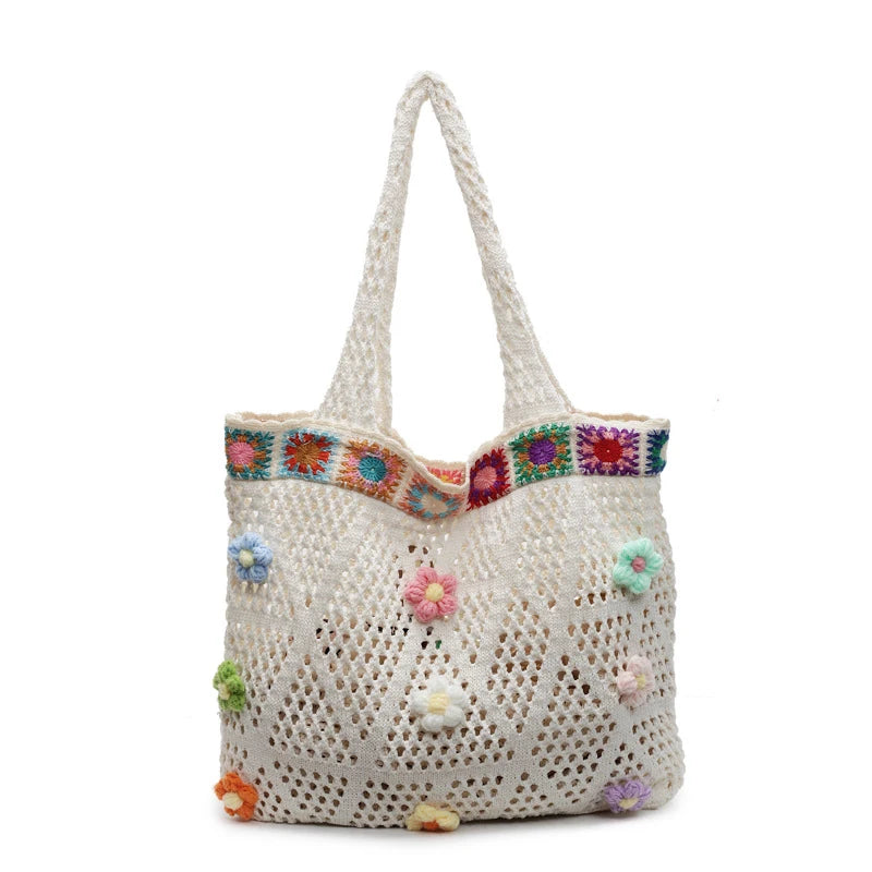Boho Knitting Shoulder Bag With Floral Crochet